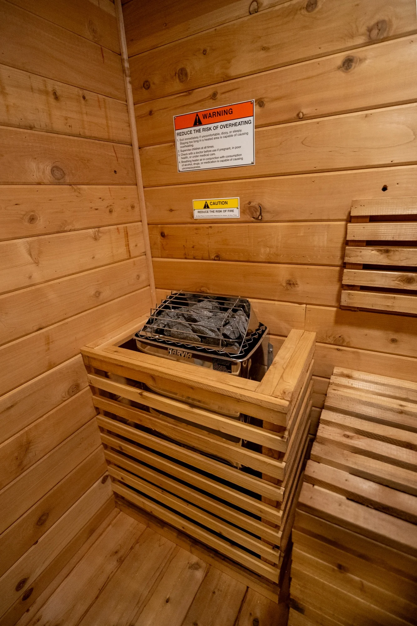 Close-up of Harvia sauna heater with rocks