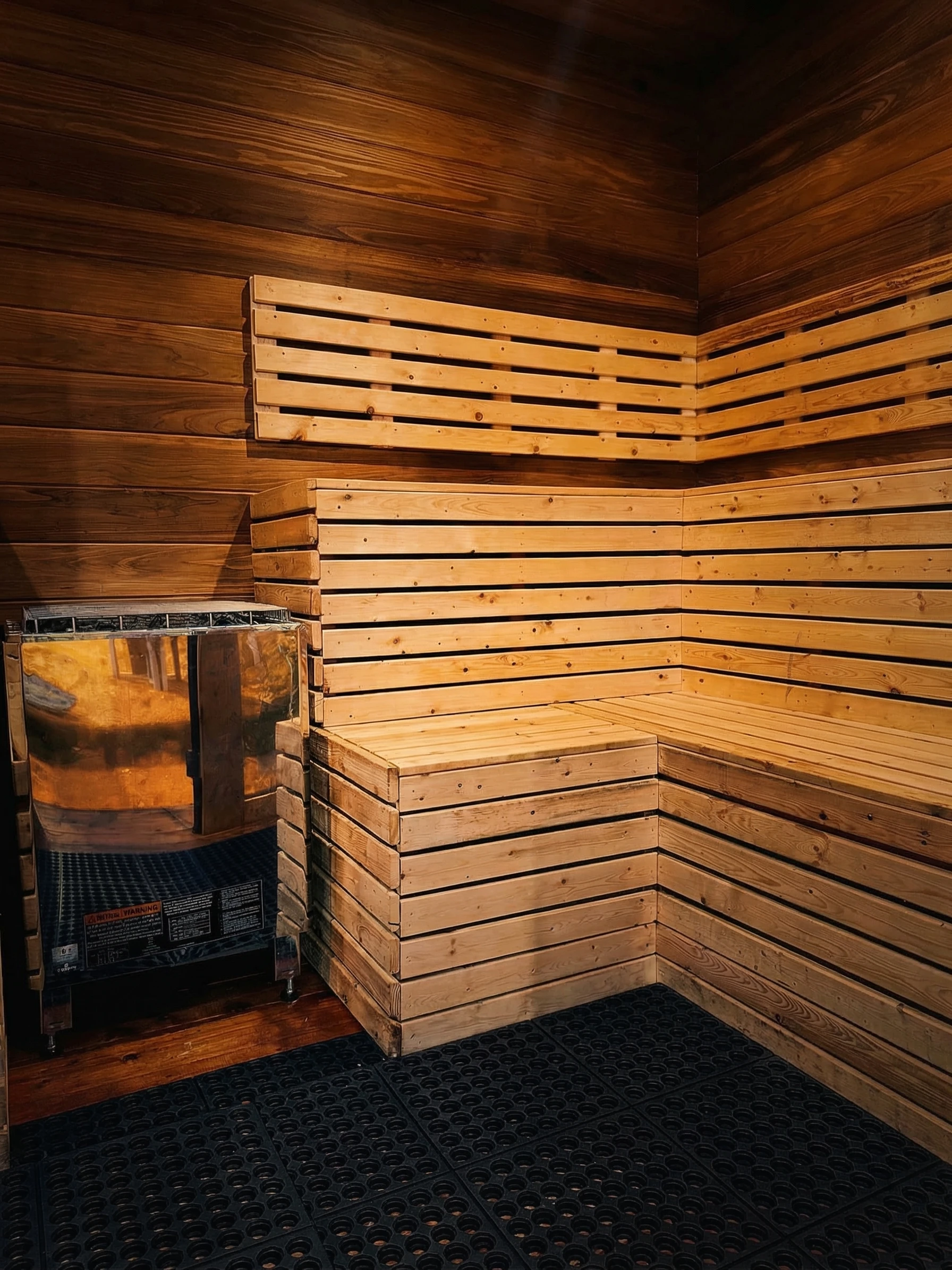 Commercial sauna cedar interior with bench seating